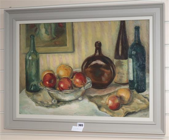 Henryk Gotlib (1890-1966) Still life of fruit and bottles on a table top 42 x 61cm.